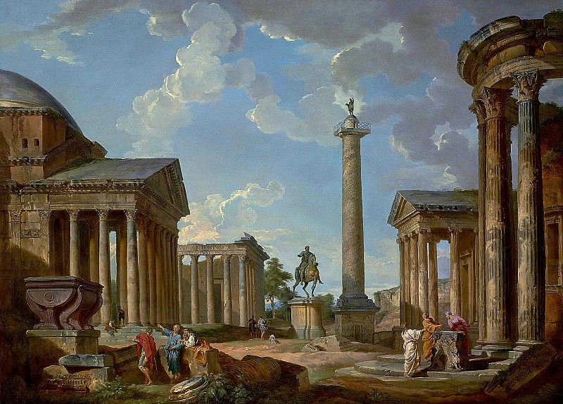 A capriccio of Roman ruins with the Pantheon, the Temple of Antonino and Faustina, the statue of Marco Aurelio, the Trajan Column, the Temple of Fortuna Virilis, the Temple of Vesta, Giovanni Paolo Panini A capriccio of Roman ruins with the Pantheon, the Temple of Antonino and Faustina, the statue of Marco Aurelio, the Trajan Column, the Temple of Fortuna Virilis, the Temple of Vesta, Giovanni Paolo Panini