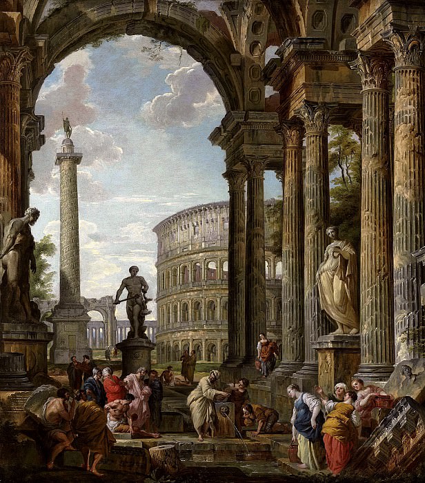 An architectural capriccio with the philosopher Diogenes and other figures by a fountain beneath a portico with the Colosseum, the column of Trajan, Hercules and the Hydra, the Farnese Hercules, and, Giovanni Paolo Panini An architectural capriccio with the philosopher Diogenes and other figures by a fountain beneath a portico with the Colosseum, the column of Trajan, Hercules and the Hydra, the Farnese Hercules, and, Giovanni Paolo Panini
