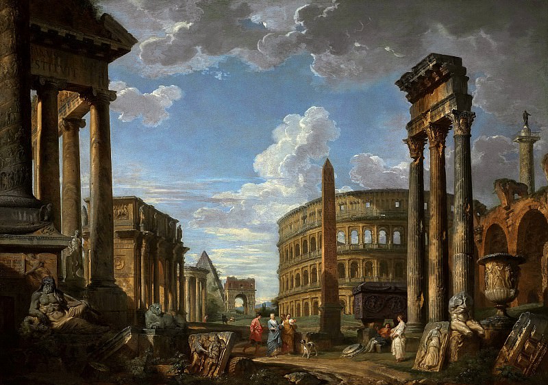An architectural capriccio with figures among Roman ruins including the the Temple of Saturn, Arch of Constantine, Temple of Vesta, Arch of Drusus, the Colosseum, Temple of Castor and Pollux, Basilica of Maxen, Giovanni Paolo Panini An architectural capriccio with figures among Roman ruins including the the Temple of Saturn, Arch of Constantine, Temple of Vesta, Arch of Drusus, the Colosseum, Temple of Castor and Pollux, Basilica of Maxen, Giovanni Paolo Panini
