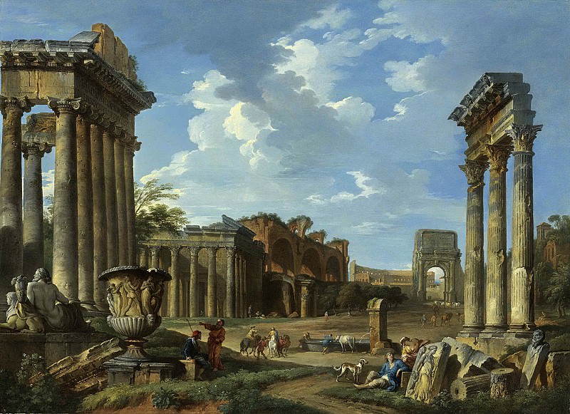 A VIEW OF THE CAMPO VACCINO WITH THE TEMPLE OF JUPITER STATOR, THE ARCH OF TITUS, THE COLOSSEUM, THE BASILICA OF MAXENTIUS, THE TEMPLE OF ANTONINUS AND FAUSTINA AND THE TEMPLE OF CONCORD WITH THE BORGHESE VASE, Giovanni Paolo Panini A VIEW OF THE CAMPO VACCINO WITH THE TEMPLE OF JUPITER STATOR, THE ARCH OF TITUS, THE COLOSSEUM, THE BASILICA OF MAXENTIUS, THE TEMPLE OF ANTONINUS AND FAUSTINA AND THE TEMPLE OF CONCORD WITH THE BORGHESE VASE, Giovanni Paolo Panini